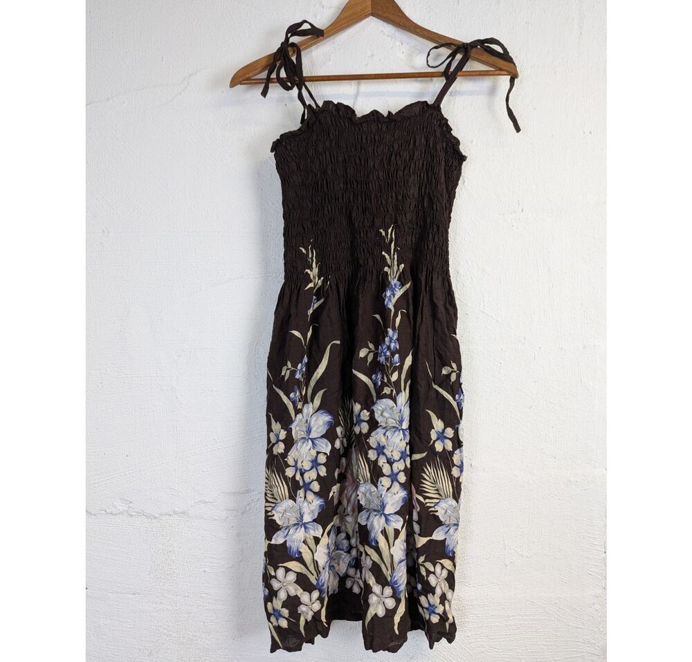 Hibiscus Collection Hawaiian Sundress Brown Floral Midi Smocking Stretch Medium